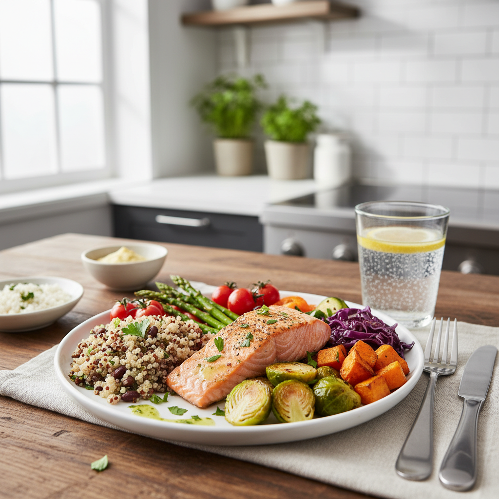 Well-balanced meal with colourful vegetables, whole grains and lean protein