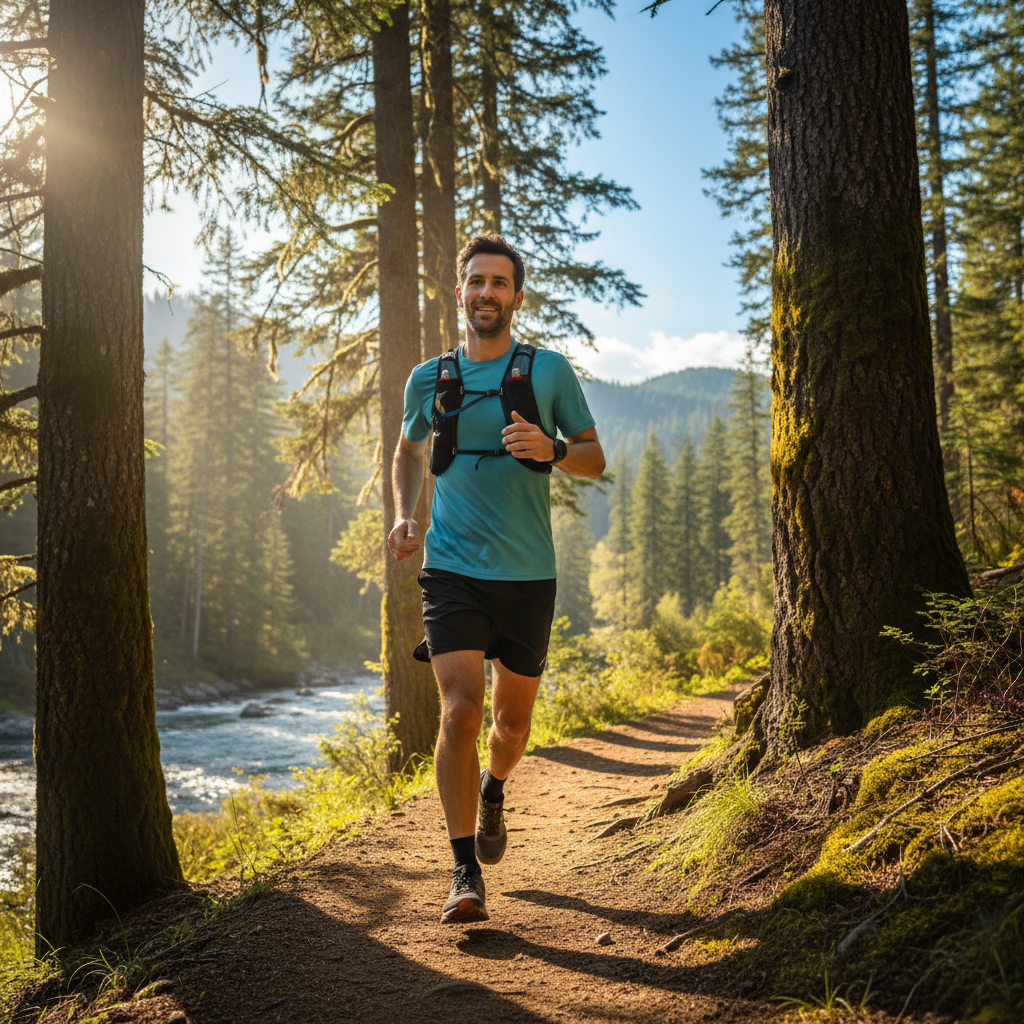 A man engaged in light physical activity outdoors in a natural setting, representing a healthy and active lifestyle