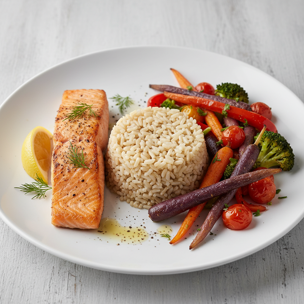 A balanced meal with vegetables, whole grains and a lean protein source arranged on a plate